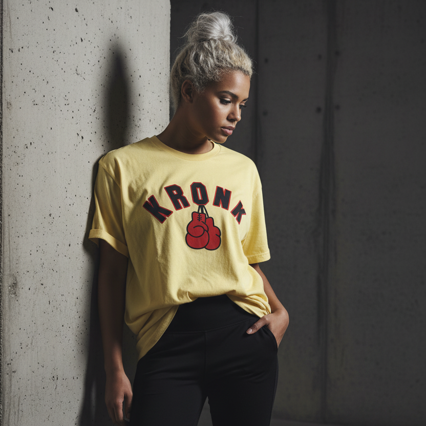 KRONKWOMEN Faded 2 Colour Gloves Loose Fit Vintage Wash T Shirt Yellow