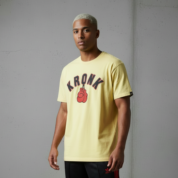 KRONK Faded 2 Colour Gloves Loose Fit Vintage Wash T Shirt Yellow