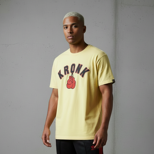 KRONK Faded 2 Colour Gloves Loose Fit Vintage Wash T Shirt Yellow