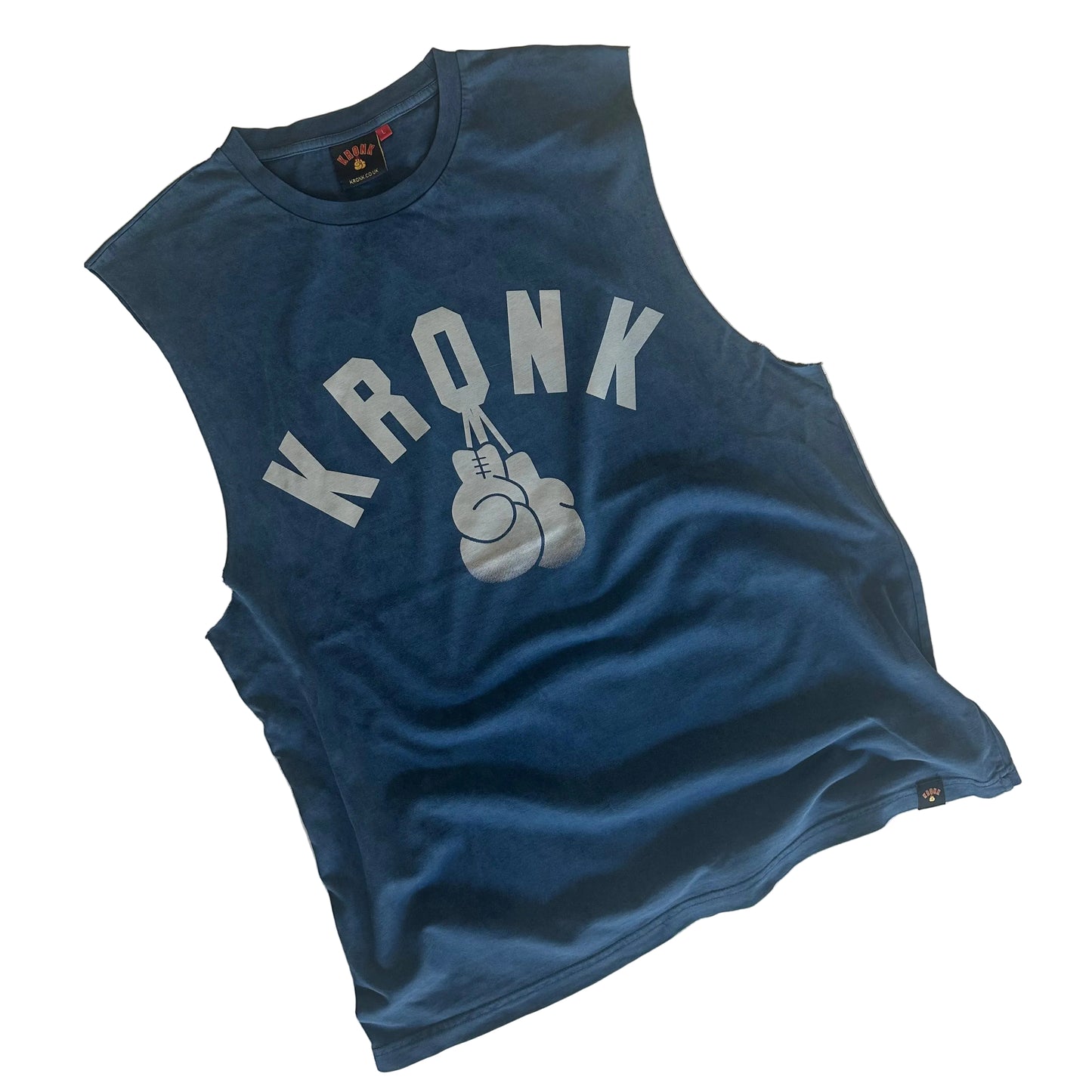 KRONK Faded G Raw Edge Sleeveless Loose Fit Authentic Wash T Shirt Navy