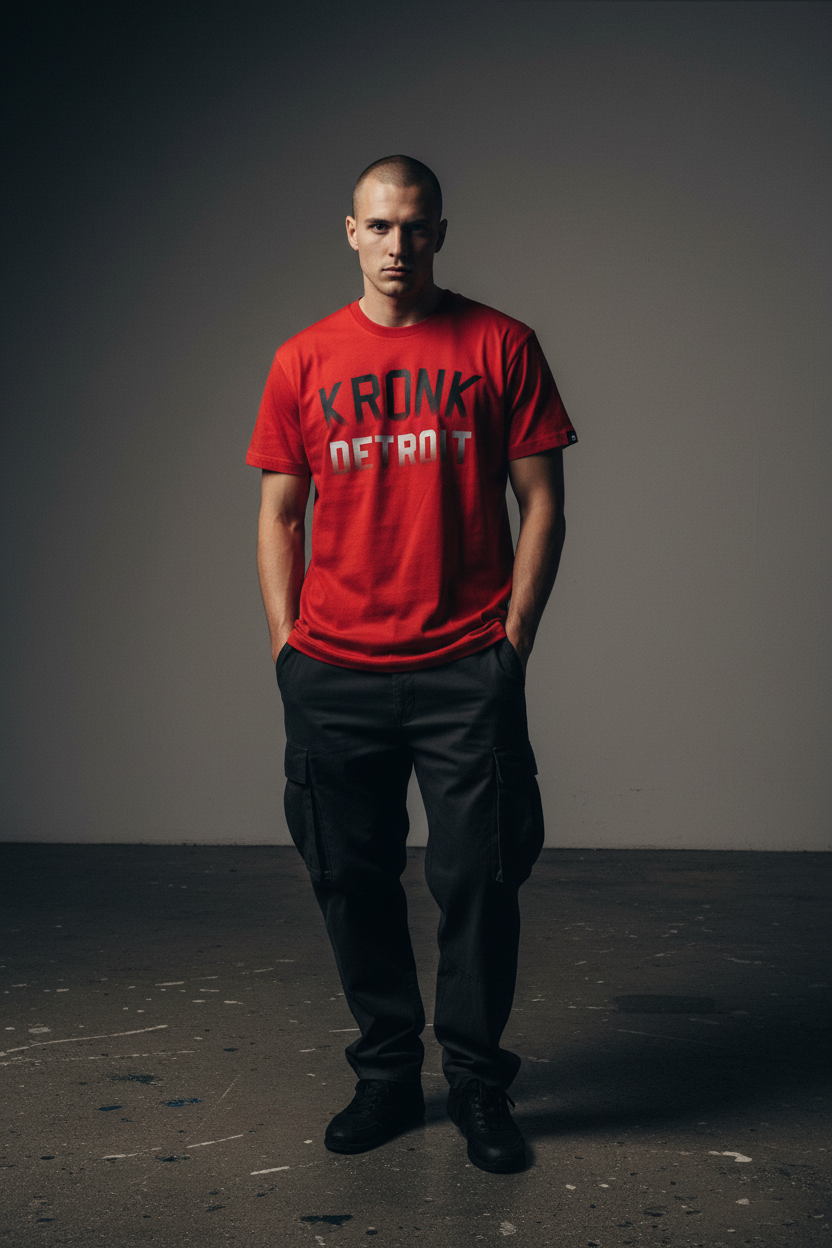 KRONK Faded Iconic Detroit Loose Fit Vintage Wash T Shirt Red