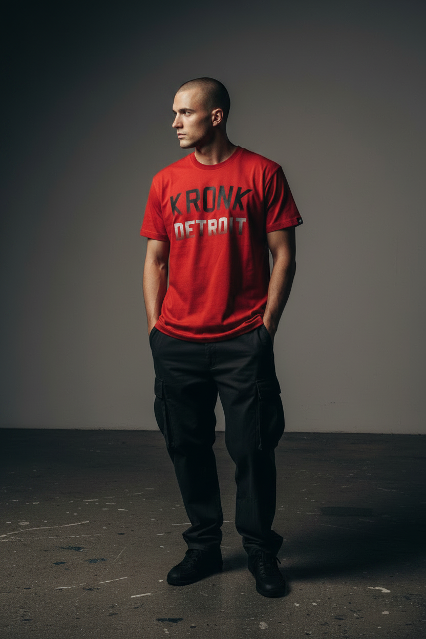 KRONK Faded Iconic Detroit Loose Fit Vintage Wash T Shirt Red