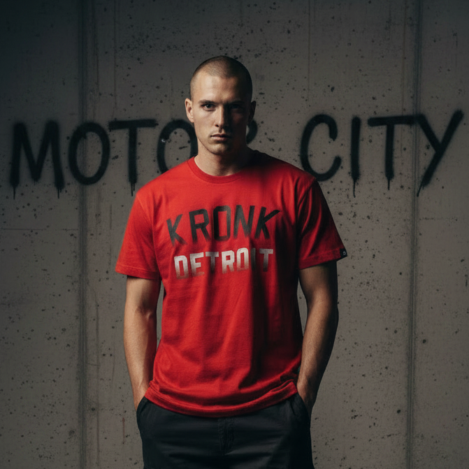 KRONK Faded Iconic Detroit Loose Fit Vintage Wash T Shirt Red