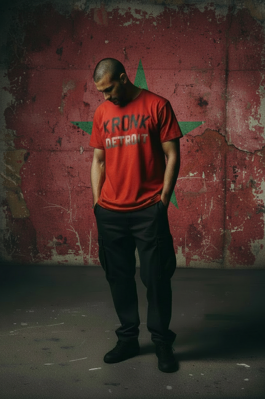KRONK Faded Iconic Detroit Loose Fit Vintage Wash T Shirt Red