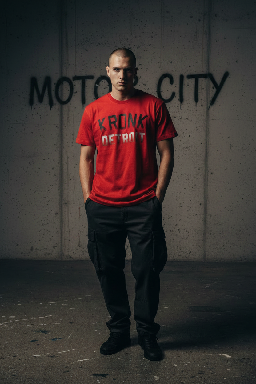 KRONK Faded Iconic Detroit Loose Fit Vintage Wash T Shirt Red