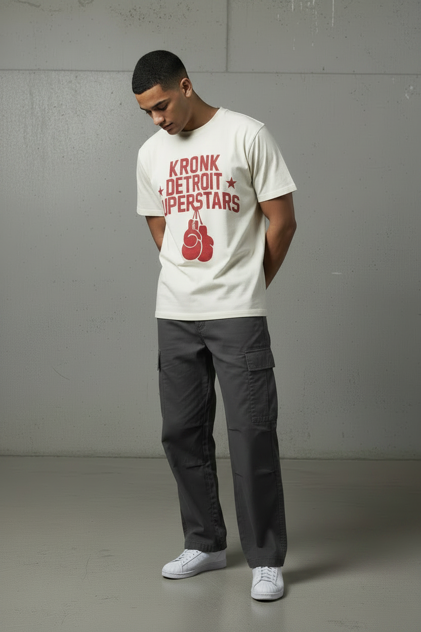 KRONK Detroit Superstars Loose Fit Vintage Wash T Shirt Cream