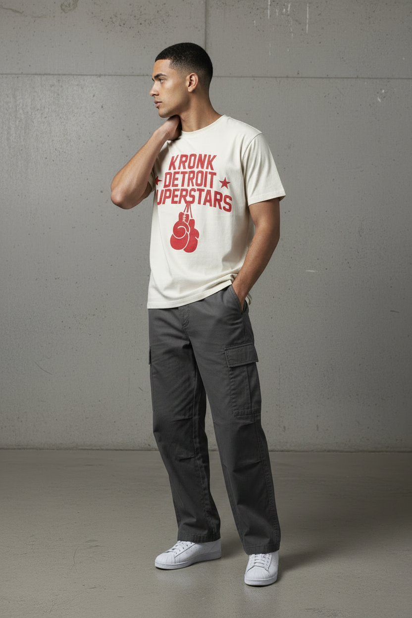 KRONK Detroit Superstars Loose Fit Vintage Wash T Shirt Cream