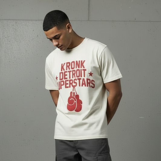 KRONK Detroit Superstars Loose Fit Vintage Wash T Shirt Cream