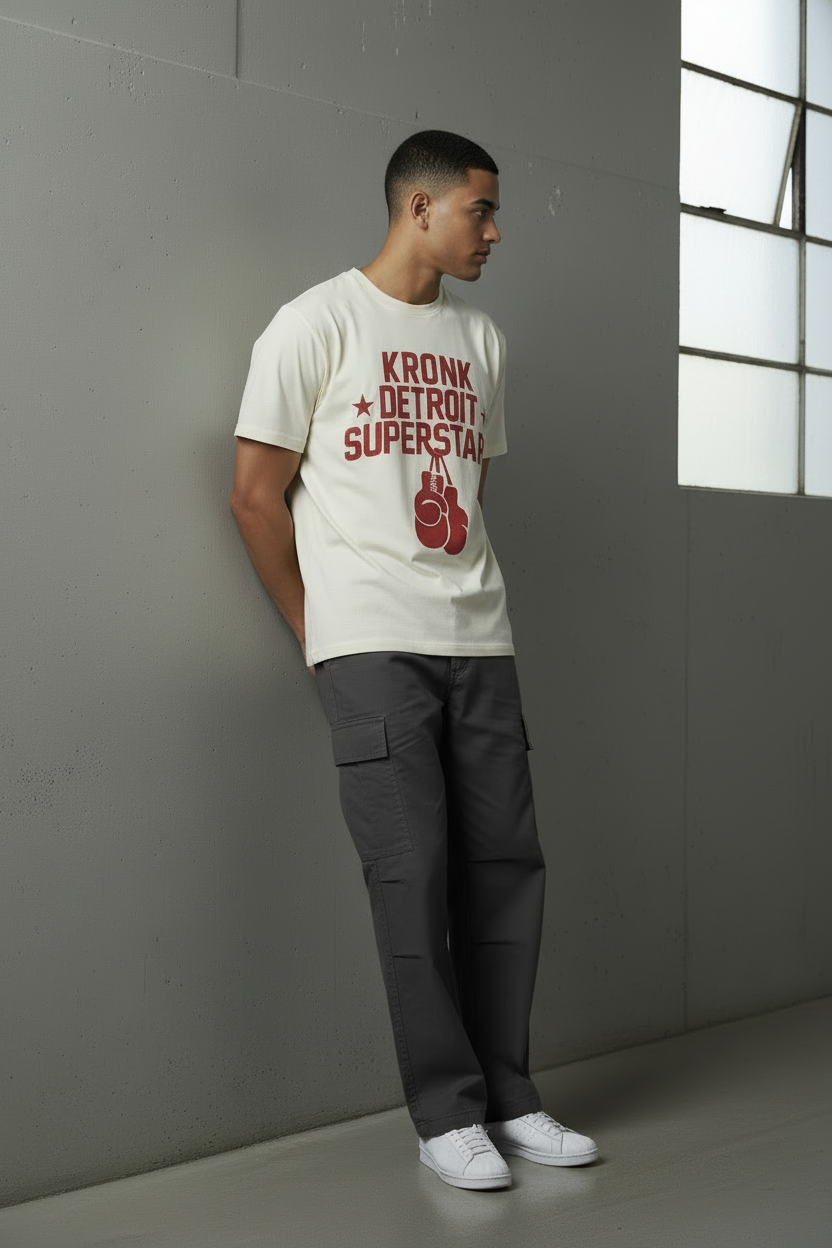 KRONK Detroit Superstars Loose Fit Vintage Wash T Shirt Cream