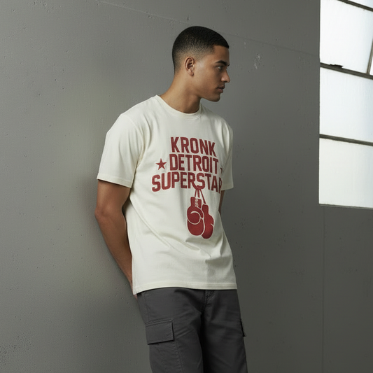 KRONK Detroit Superstars Loose Fit Vintage Wash T Shirt Cream