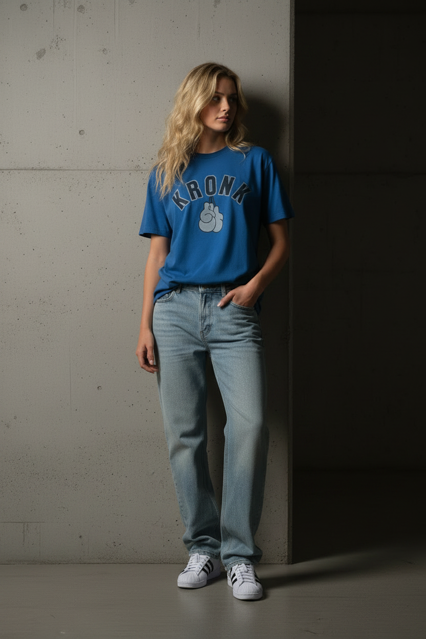 KRONKWOMEN Faded 2 Colour Gloves Loose Fit Vintage Wash T Shirt Royal Blue