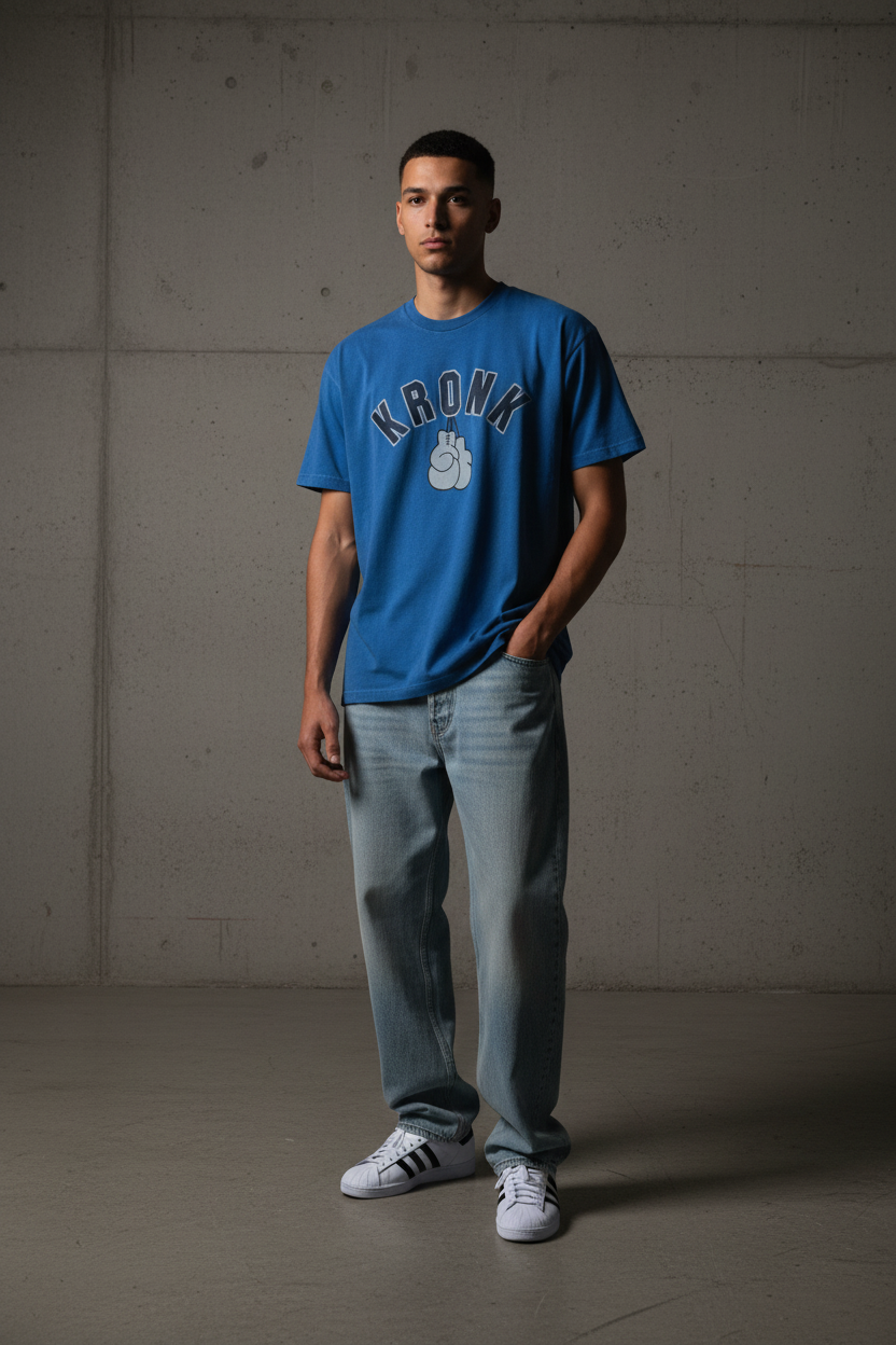 KRONK Faded 2 Colour Gloves Loose Fit Vintage Wash T Shirt Royal Blue