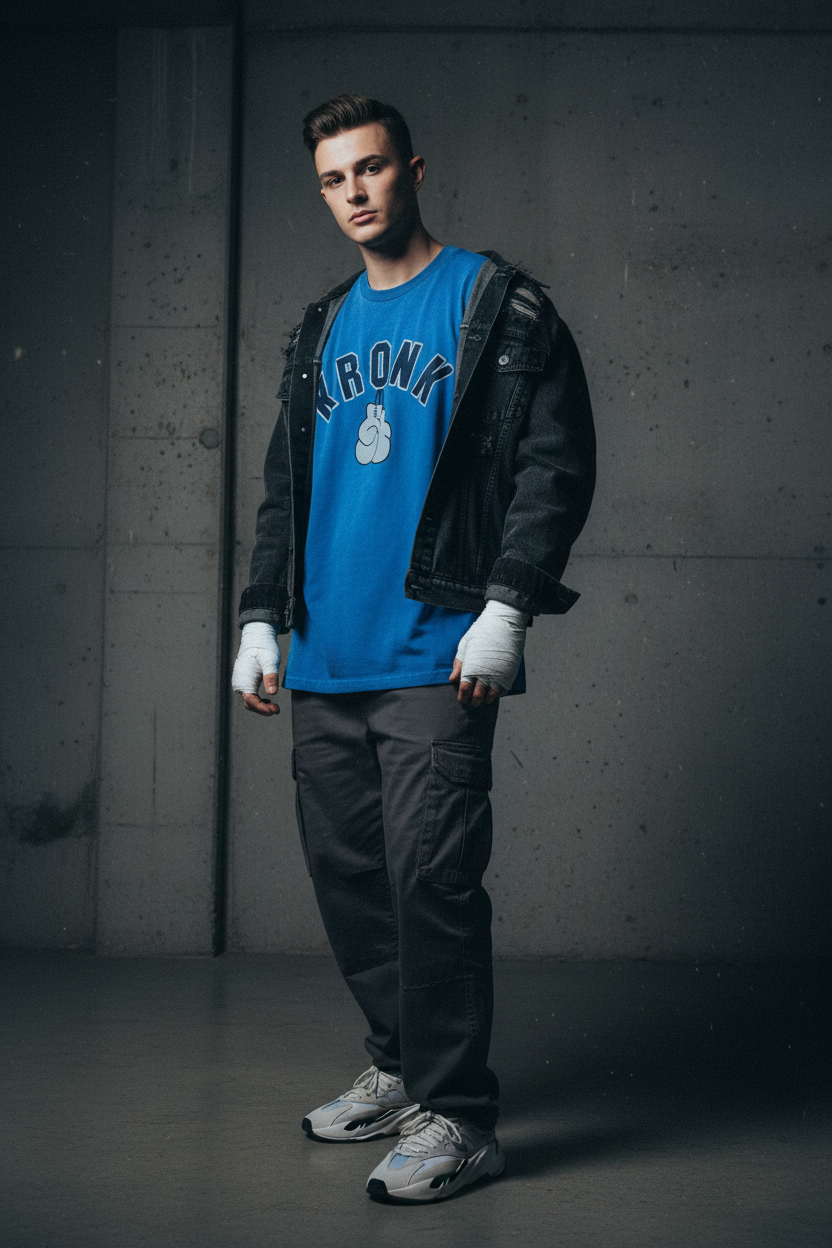 KRONK Faded 2 Colour Gloves Loose Fit Vintage Wash T Shirt Royal Blue