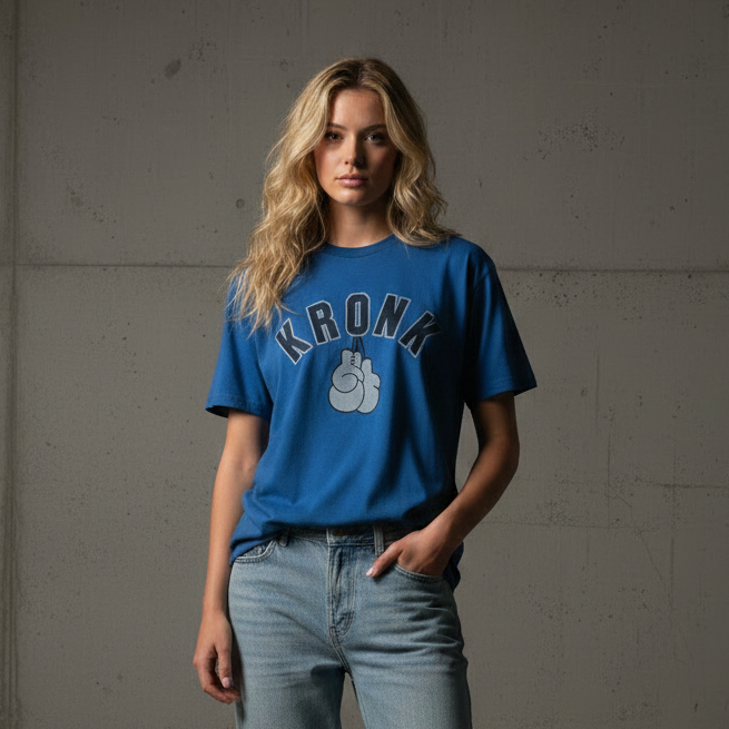 KRONKWOMEN Faded 2 Colour Gloves Loose Fit Vintage Wash T Shirt Royal Blue