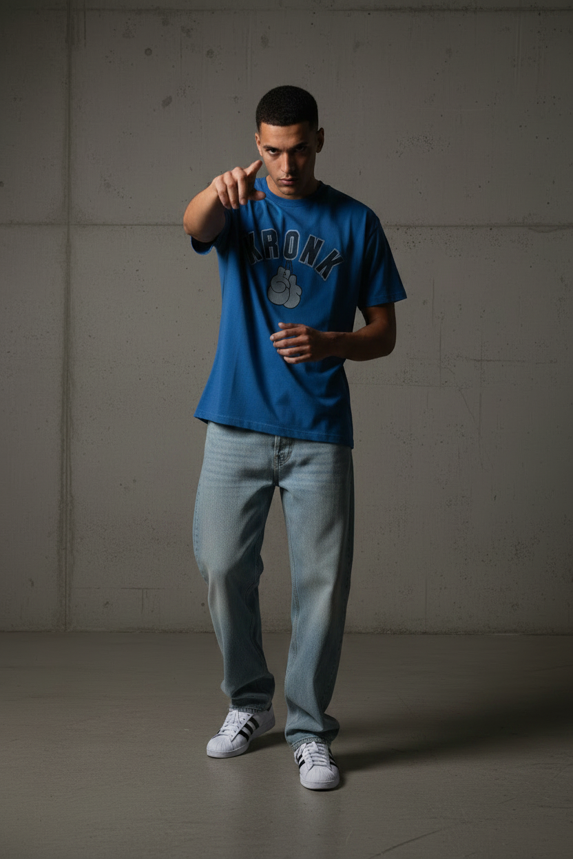 KRONK Faded 2 Colour Gloves Loose Fit Vintage Wash T Shirt Royal Blue