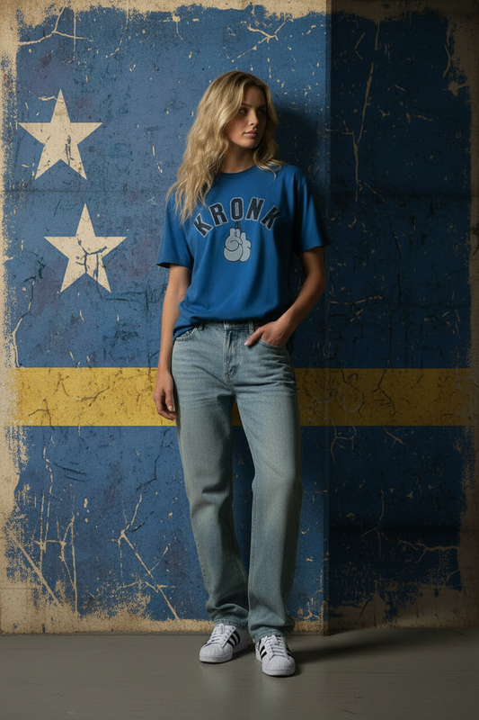 KRONKWOMEN Faded 2 Colour Gloves Loose Fit Vintage Wash T Shirt Royal Blue