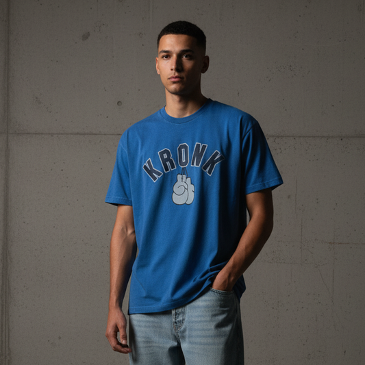 KRONK Faded 2 Colour Gloves Loose Fit Vintage Wash T Shirt Royal Blue