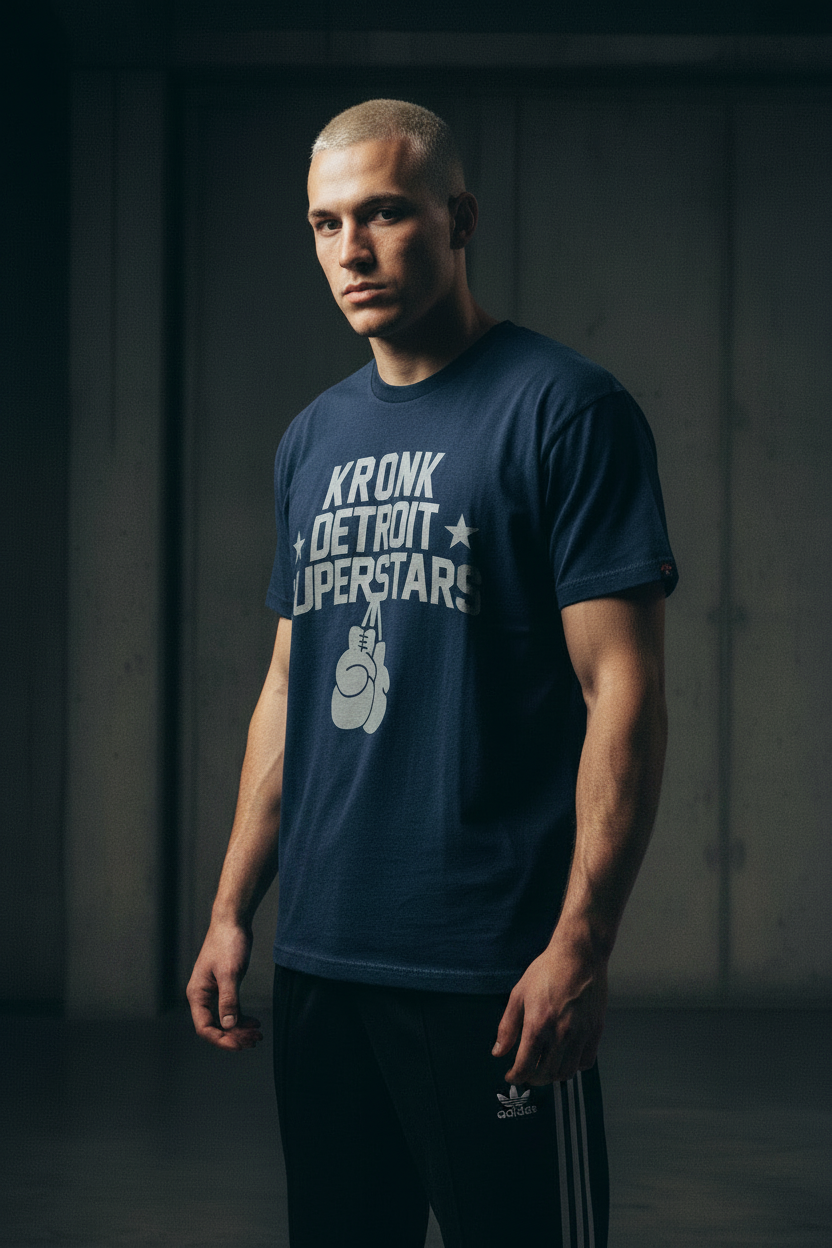 KRONK Detroit Superstars Loose Fit Vintage Wash T Shirt Navy