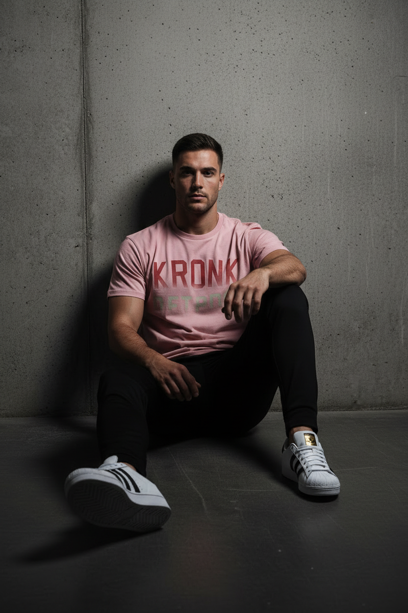 KRONK Faded Iconic Detroit Loose Fit Vintage Wash T Shirt Pink