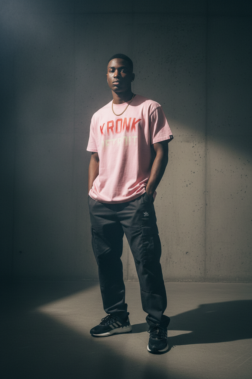 KRONK Faded Iconic Detroit Loose Fit Vintage Wash T Shirt Pink