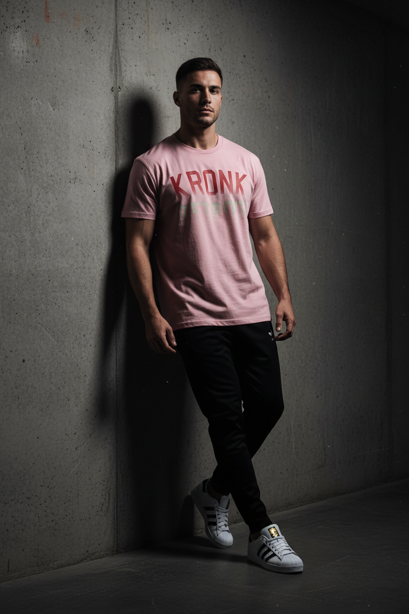 KRONK Faded Iconic Detroit Loose Fit Vintage Wash T Shirt Pink