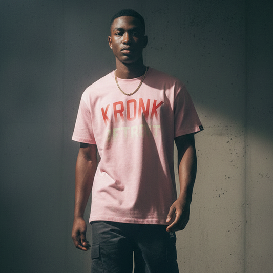 KRONK Faded Iconic Detroit Loose Fit Vintage Wash T Shirt Pink