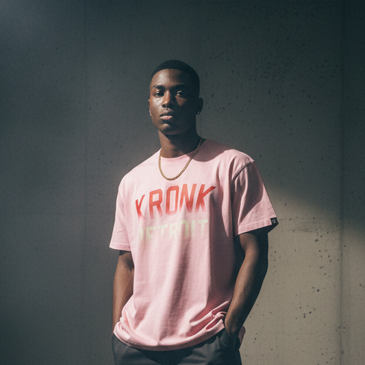 KRONK Faded Iconic Detroit Loose Fit Vintage Wash T Shirt Pink