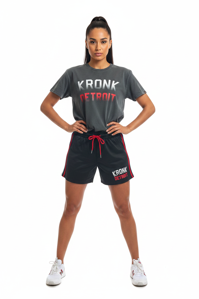 KRONKWOMEN Faded Iconic Detroit Loose Fit Vintage Wash T Shirt Charcoal with Red & White print
