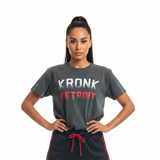 KRONKWOMEN Faded Iconic Detroit Loose Fit Vintage Wash T Shirt Charcoal with Red & White print