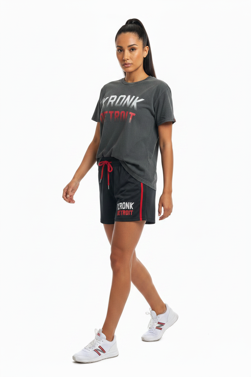 KRONKWOMEN Faded Iconic Detroit Loose Fit Vintage Wash T Shirt Charcoal with Red & White print