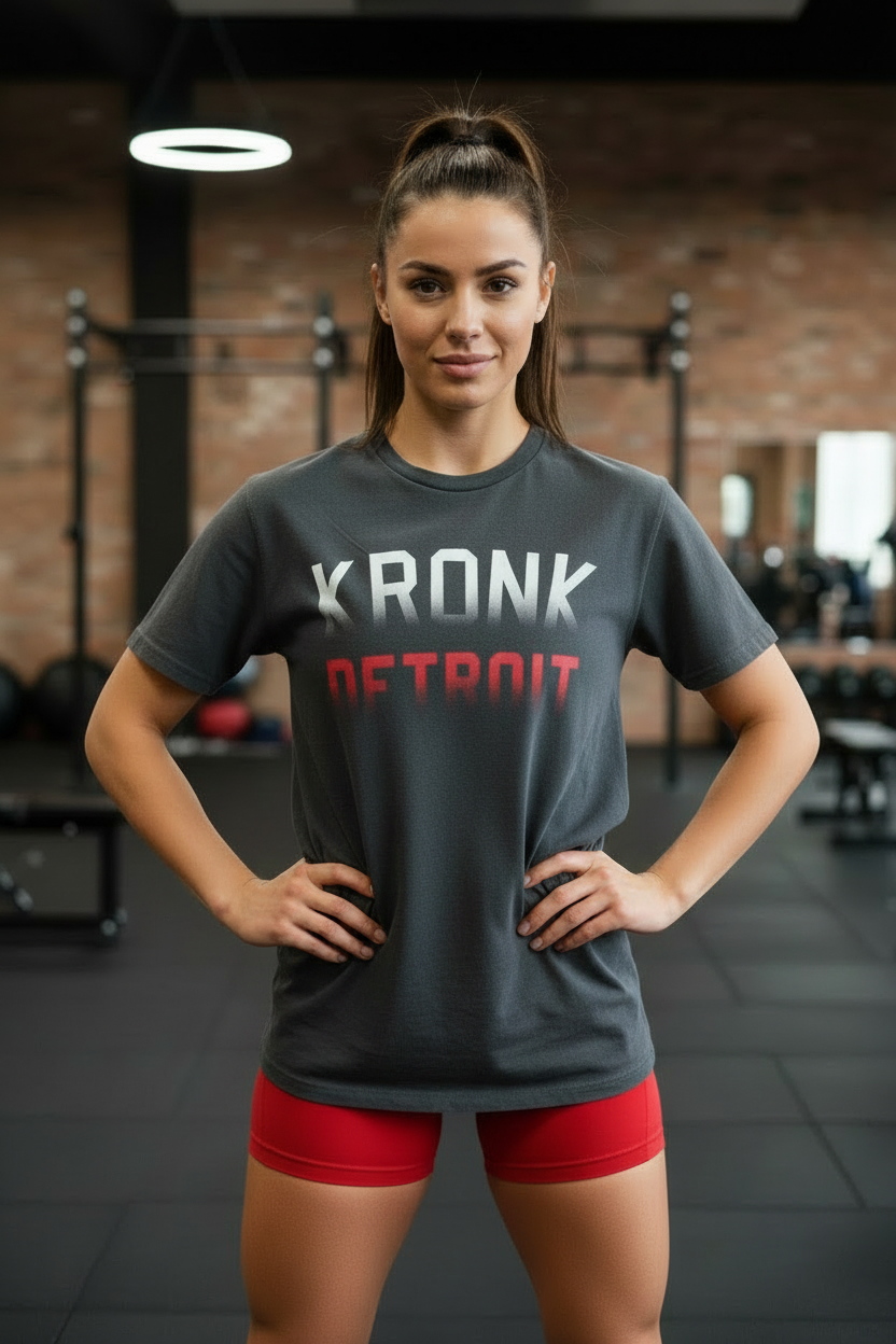 KRONKWOMEN Faded Iconic Detroit Loose Fit Vintage Wash T Shirt Charcoal with Red & White print