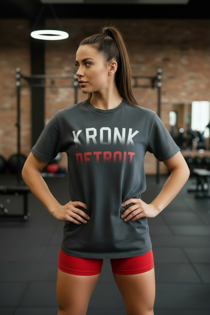 KRONKWOMEN Faded Iconic Detroit Loose Fit Vintage Wash T Shirt Charcoal with Red & White print