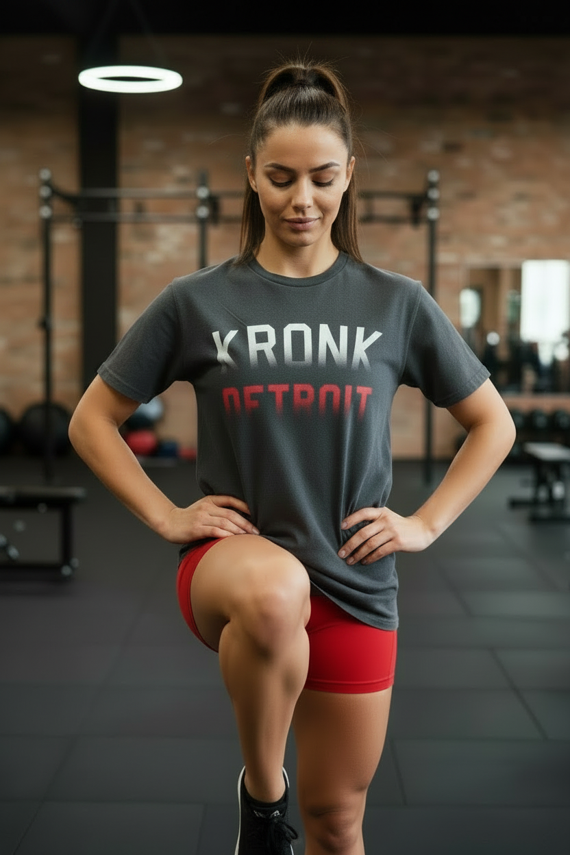 KRONKWOMEN Faded Iconic Detroit Loose Fit Vintage Wash T Shirt Charcoal with Red & White print