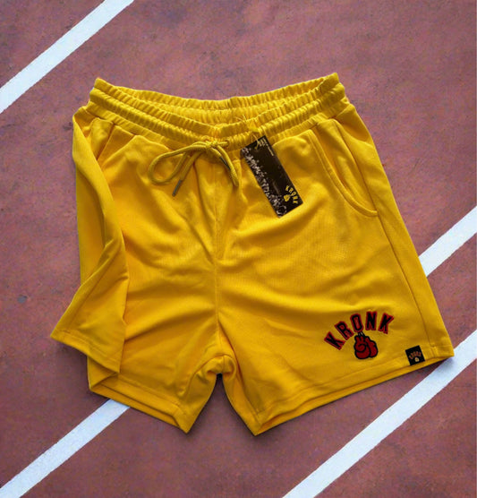 KRONK Gloves Applique Lined Gym Shorts Yellow