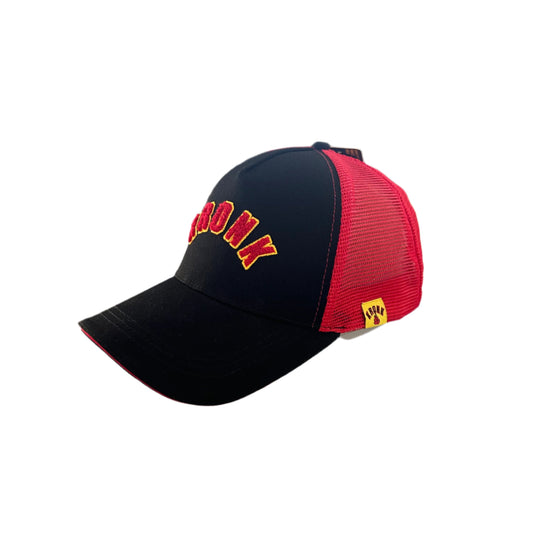 KRONK WAR Trucker Cap: Black with Red Mesh and Red & Yellow Towelling Embroidery