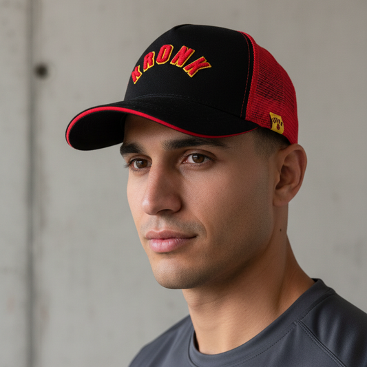 KRONK WAR Trucker Cap: Black with Red Mesh and Red & Yellow Towelling Embroidery