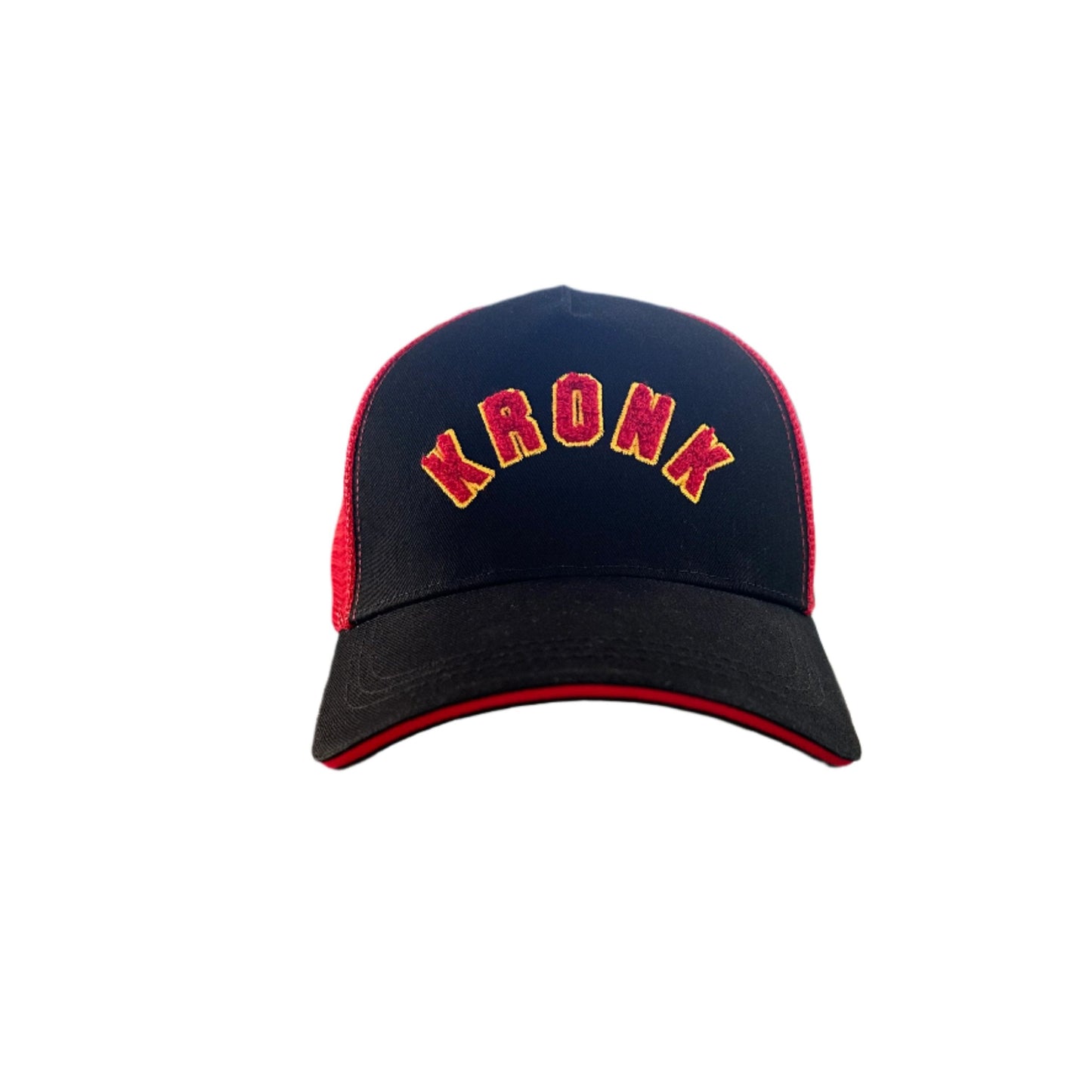 KRONK WAR Trucker Cap: Black with Red Mesh and Red & Yellow Towelling Embroidery