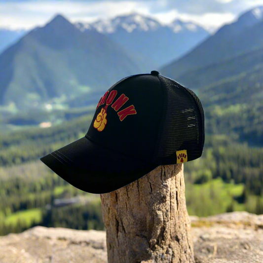 KRONK Gloves Trucker Cap: Black with 3D Red & Yellow Embroidery