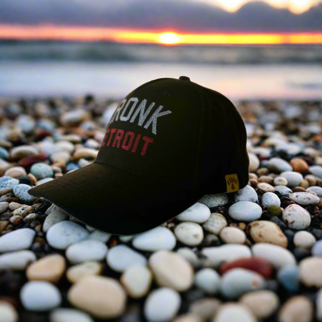 KRONK Iconic Detroit Felt Cap: Black with White & Red Chain Stitch Embroidery