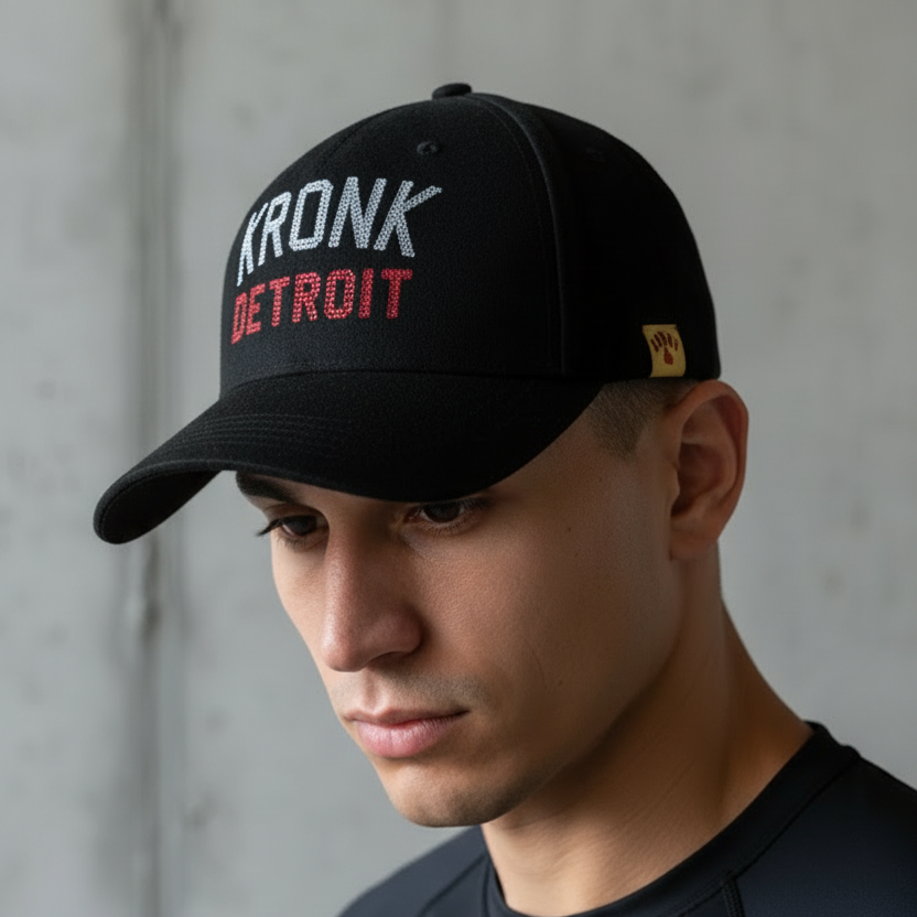 KRONK Iconic Detroit Felt Cap: Black with White & Red Chain Stitch Embroidery