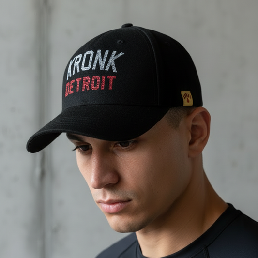 KRONK Iconic Detroit Felt Cap: Black with White & Red Chain Stitch Embroidery