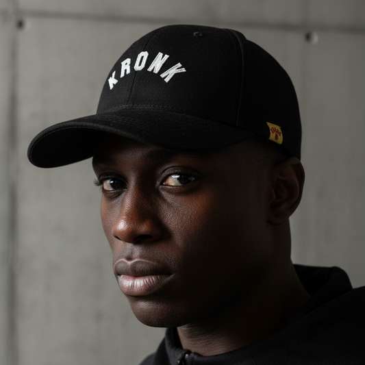 KRONK Collegiate Felt Cap: Black with White Felt Embroidery