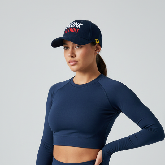 KRONK Iconic Detroit Felt Cap: Navy with White & Red Chain Stitch Embroidery