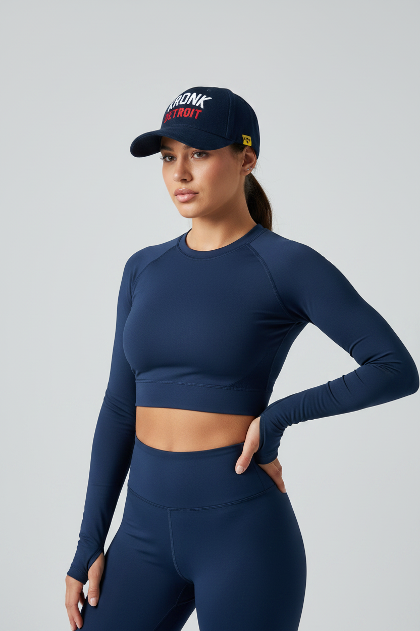 KRONK Iconic Detroit Felt Cap: Navy with White & Red Chain Stitch Embroidery
