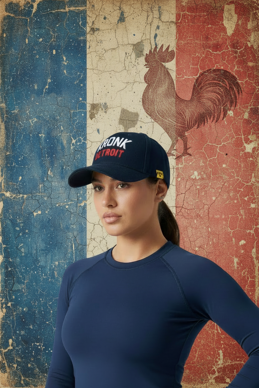 KRONK Iconic Detroit Felt Cap: Navy with White & Red Chain Stitch Embroidery