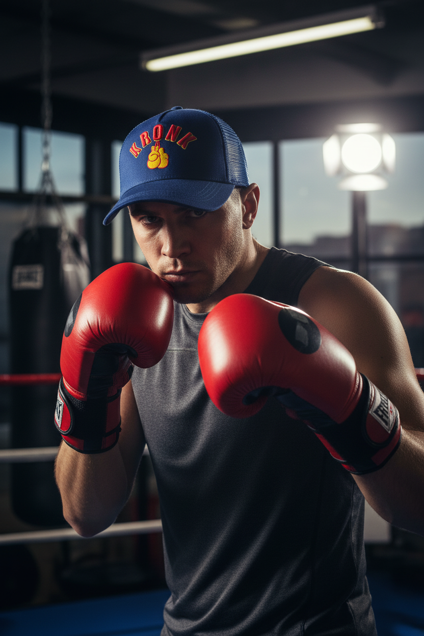 KRONK Gloves Trucker Cap: Navy with 3D Red & Yellow Embroidery