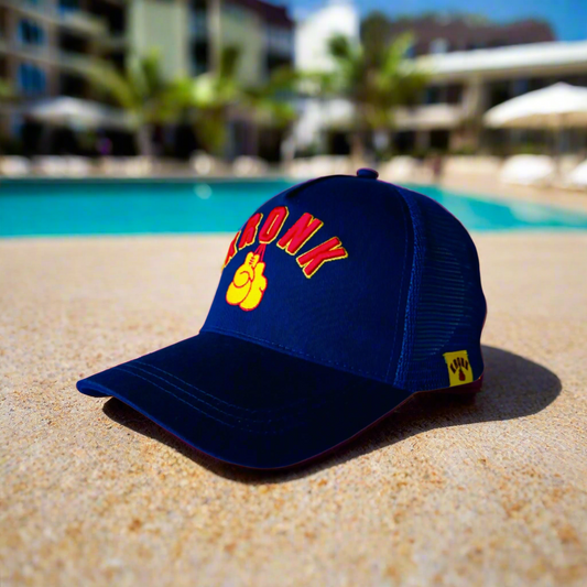 KRONK Gloves Trucker Cap: Navy with 3D Red & Yellow Embroidery