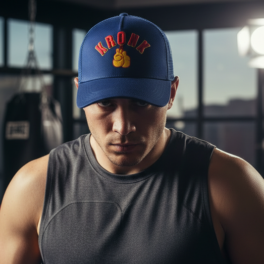 KRONK Gloves Trucker Cap: Navy with 3D Red & Yellow Embroidery