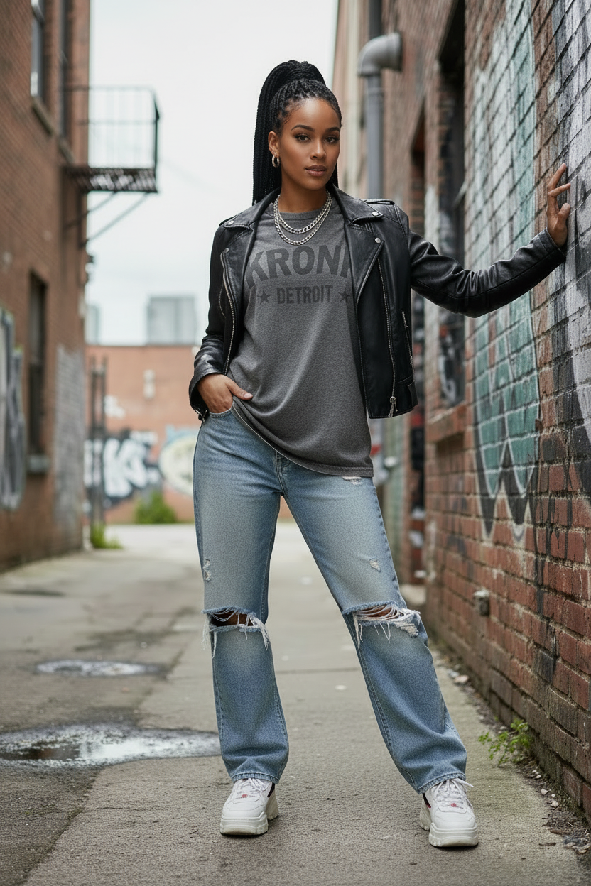 KRONKWOMEN Detroit Stars Loose Fit Vintage T Shirt Charcoal with Black print