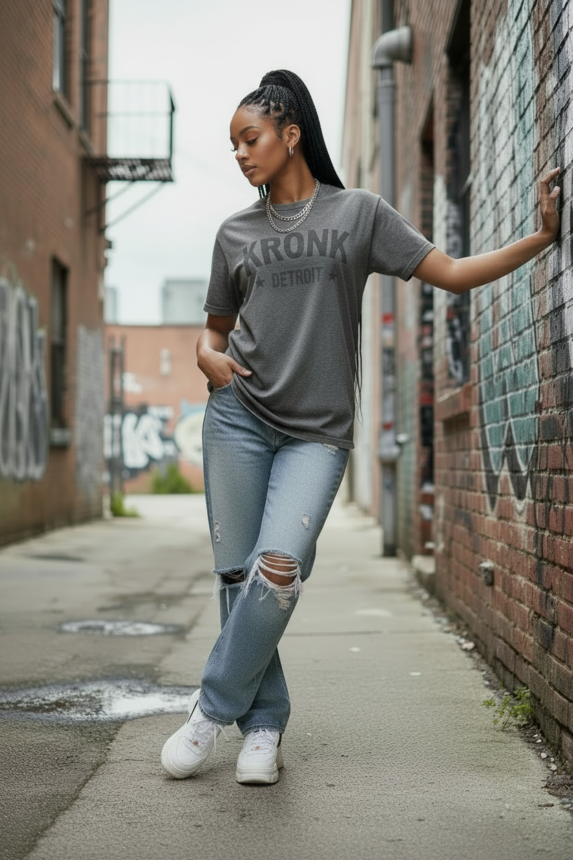 KRONKWOMEN Detroit Stars Loose Fit Vintage T Shirt Charcoal with Black print